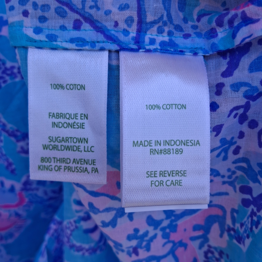 💮 Lilly Pulitzer Blue Pink Coral Print Button Down Blouse L 100% Cotton Flowy - Picture 6 of 10